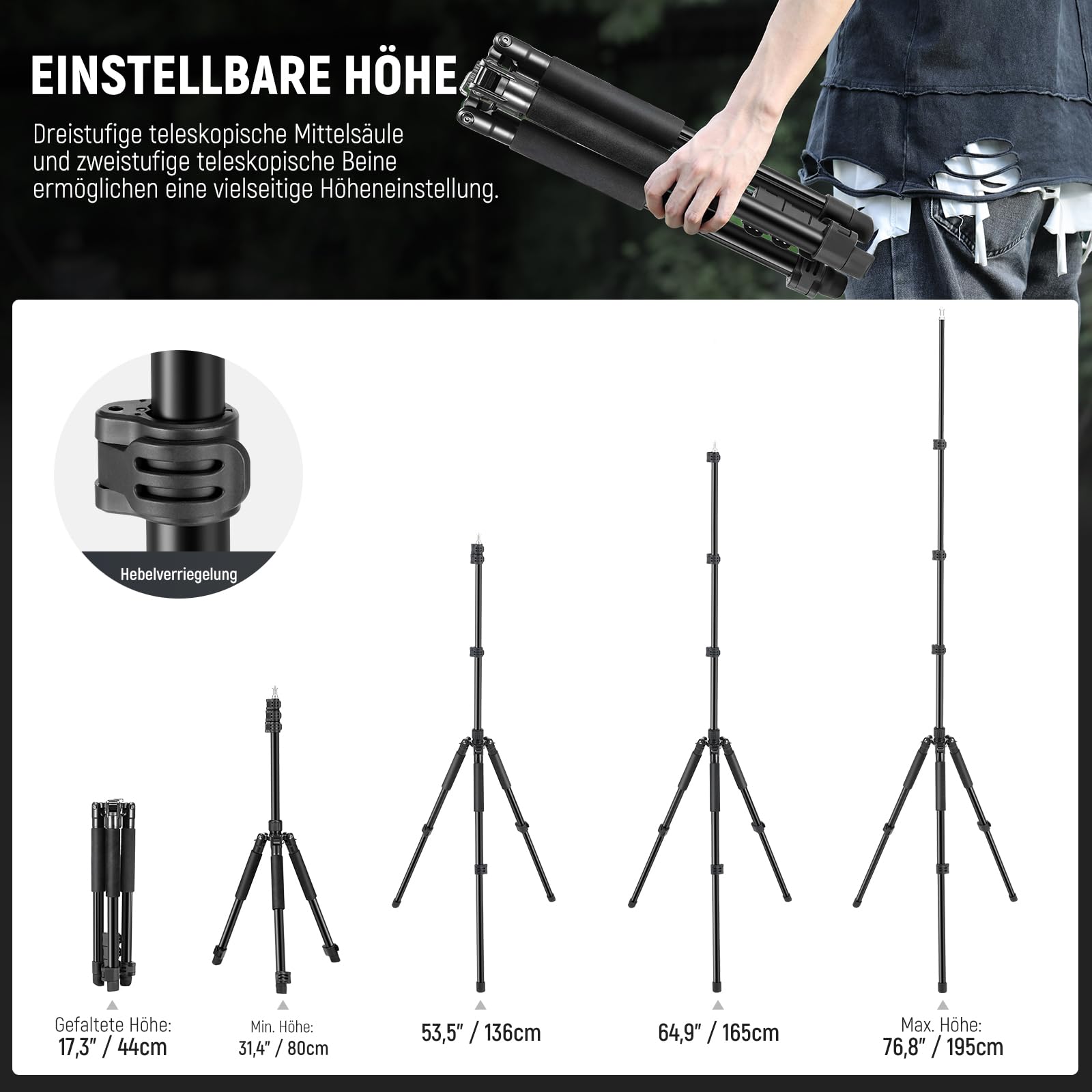 NEEWER Fotografie Lichtstativ, 47–195cm (1,5–6,4 ft) Aluminium-Stativ mit umkehrbarer Studiobeleuchtung, Smartphone Videostativ mit 1/4" Schraube für Blitzlichtkamera Softbox, 2kg Tragkraft, ST195