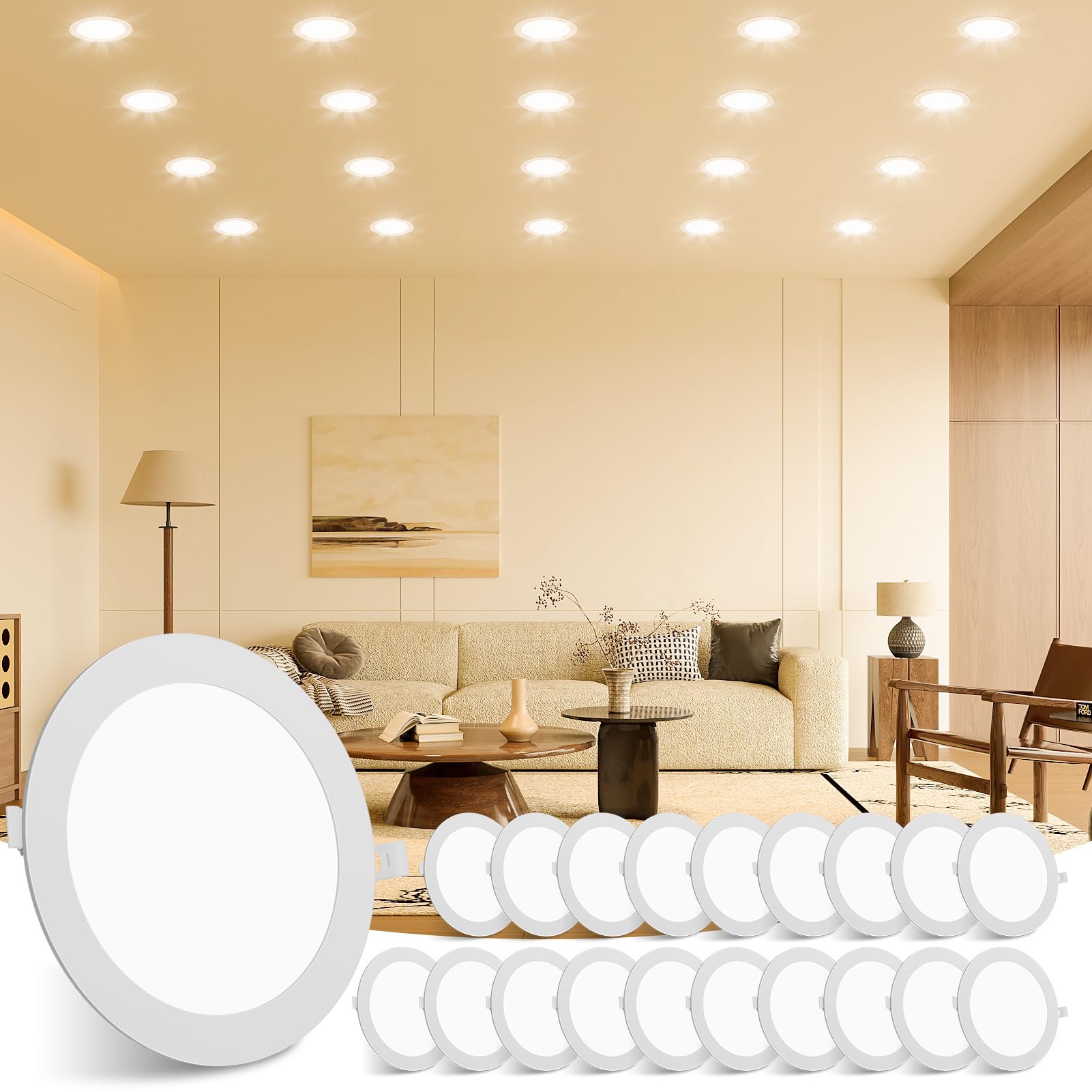 Litglobe LED Downlights for Ceiling 12W 20 Pack,3000K Warm White Recessed Ceiling Lights,1080LM Ultra Slim Spot Lights,Cutout Φ155mm Round Spotlights for Bathroom Bedroom Kitchen Living Room