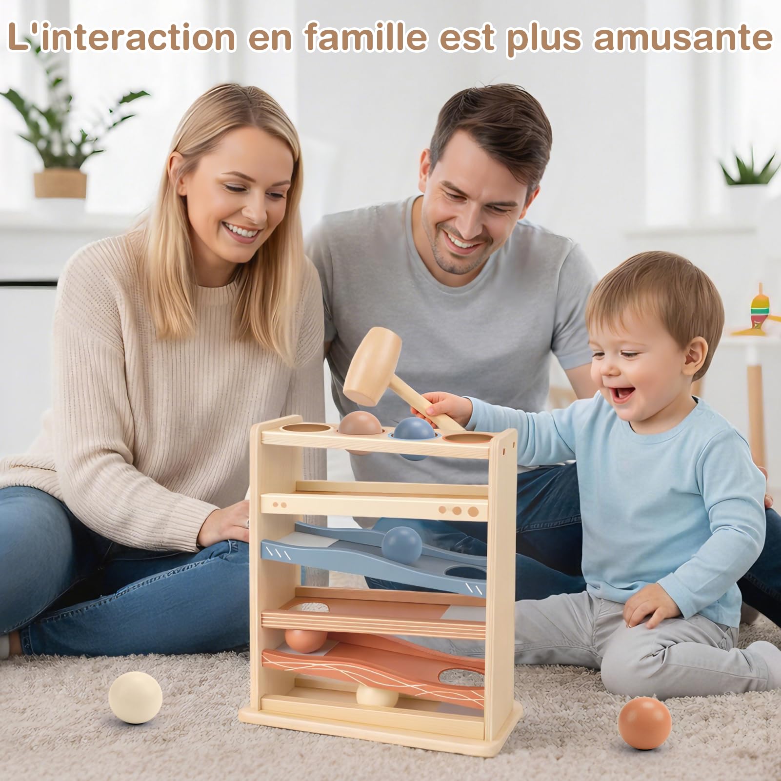 Vanplay Circuit de Billes en Bois Jouet dès 1 an, Jeu de Marteau avec 4 Boules et Un Marteau en Bois, Jouet Montessori dès 1 an, sans Installation, Cadeau pour garçons et Filles 1, 2, 3, 4 Ans