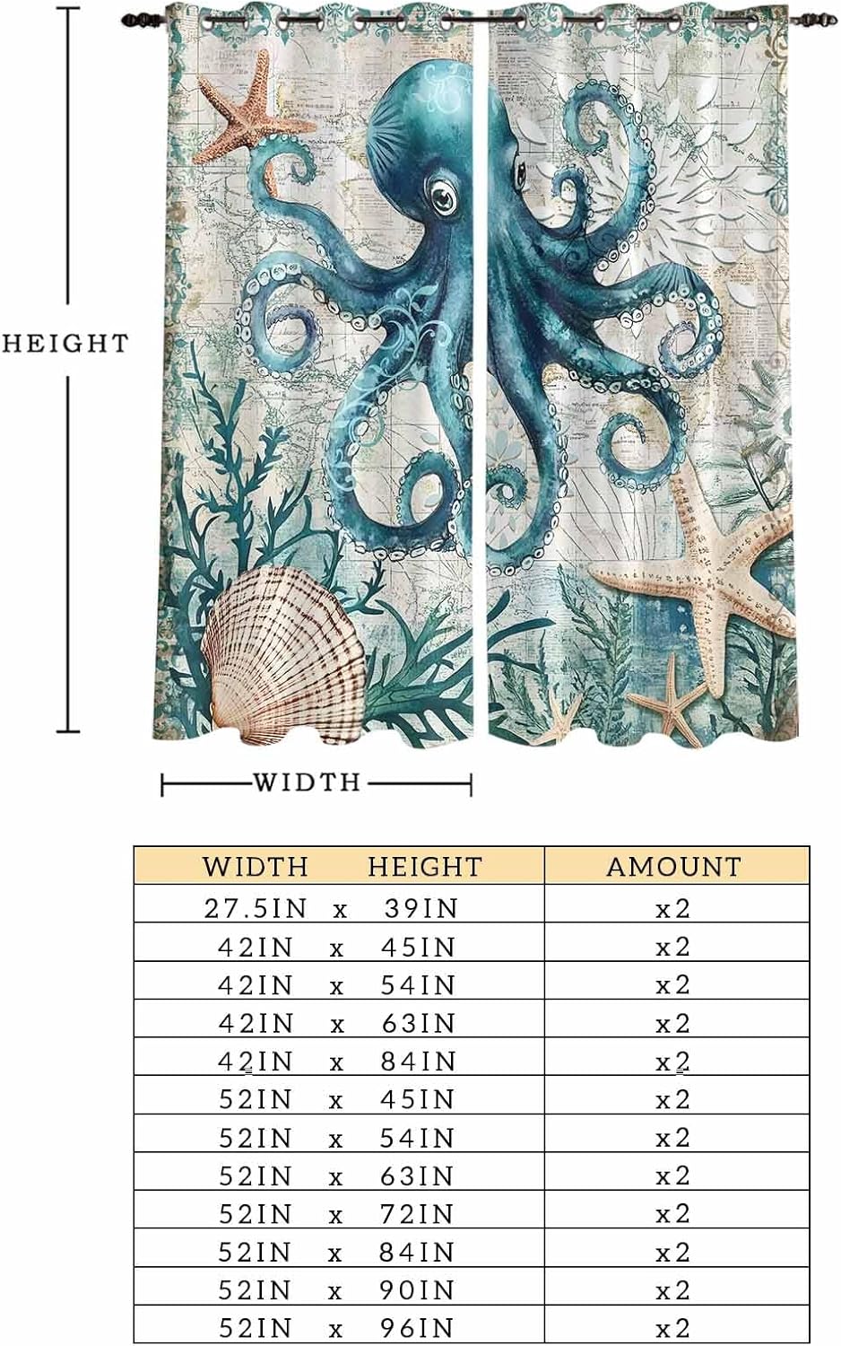 Nautical Octopus Window Curtains Panels with Silver Grommet,Coastal Vintage Coral Starfish Ocean Kitchen Cafe Curtain Draperies Window Treatment Set for Living Room/Bedroom/Bathroom/Cafe,55x39