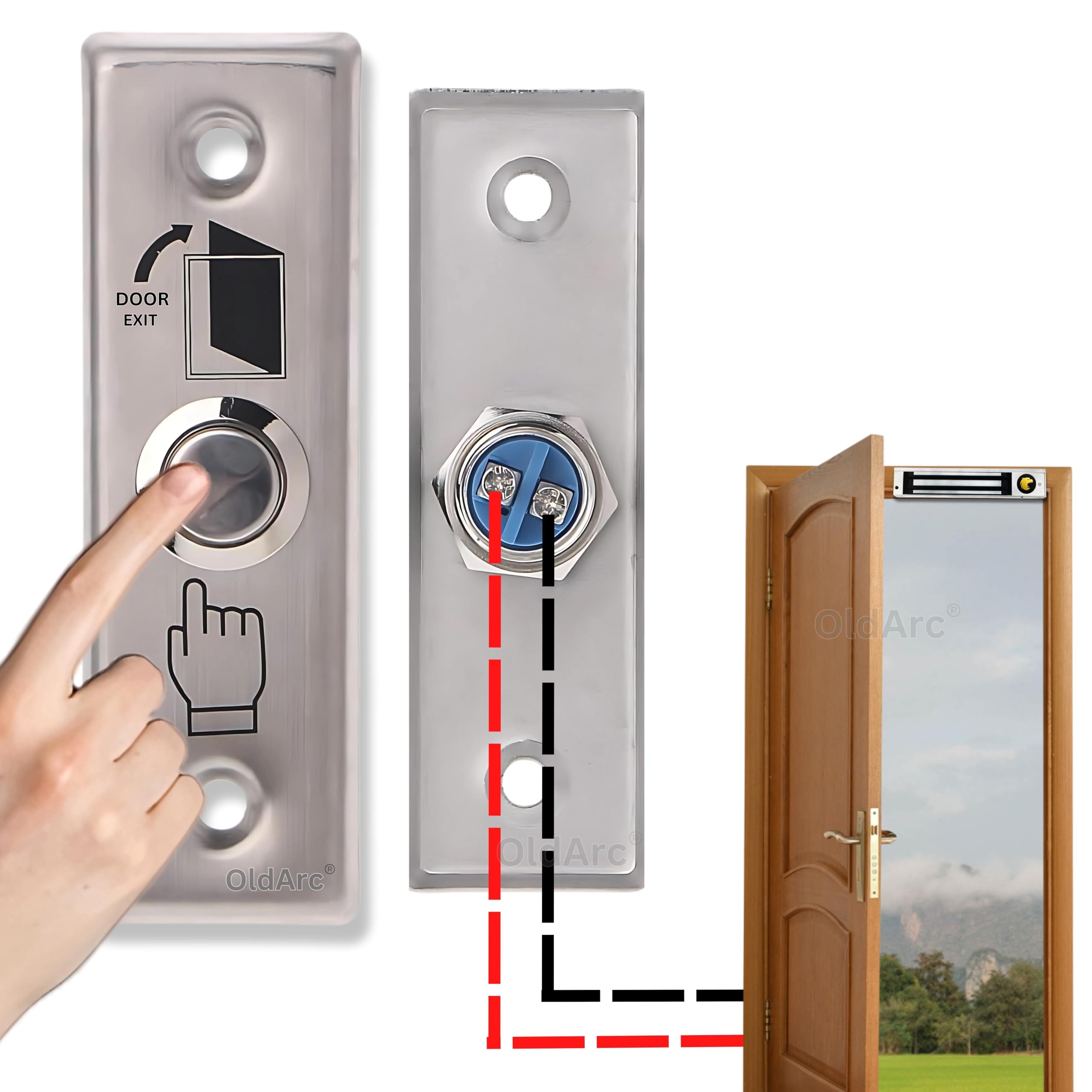 OldArc Door Exit Switch 3X1 Slim Design | 2 Wire NO/COM | Door Exit Push Button Switch SS Plate for Narrow frame | Home Office Metal Exit Switch for Access Control | Exit Door Push Switch for EM Lock-image-1