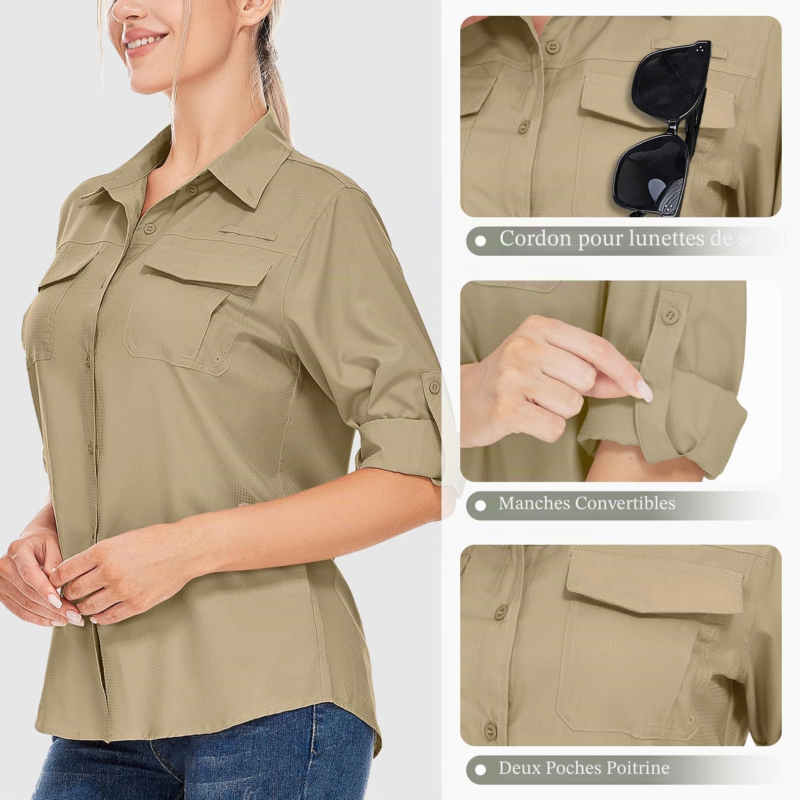 Chemise de soleil safari pour femme UPF 50+ Protection solaire UV à manches longues Séchage rapide Pour la pêche, la randonnée, le jardinage