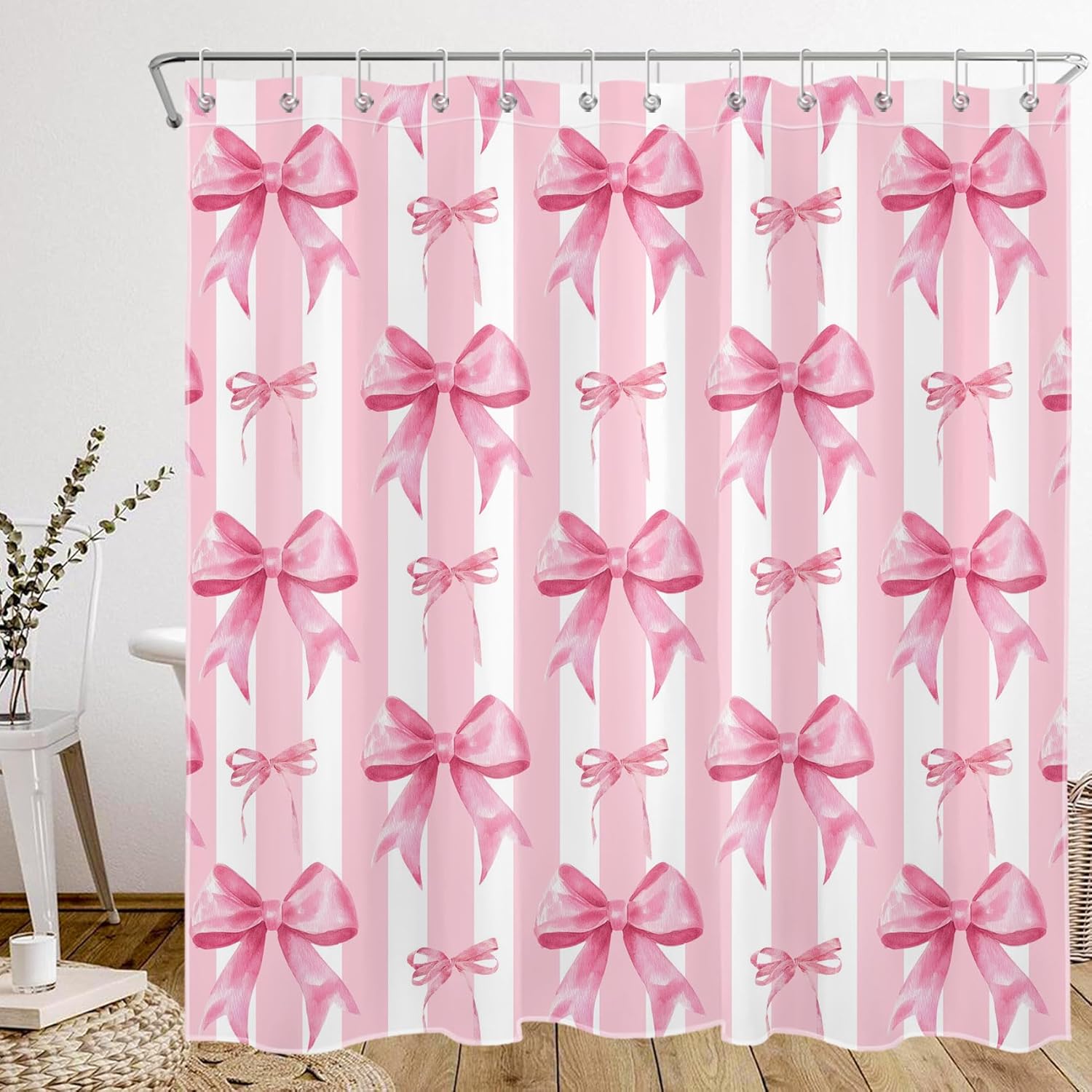 Pink and White Striped Shower Curtain for Bathroom, Cute Pink Bow Girly Modern Aesthetic Shower Curtain Set Minimalist Bathroom Curtains Hooks Included, 72W x 78L inches