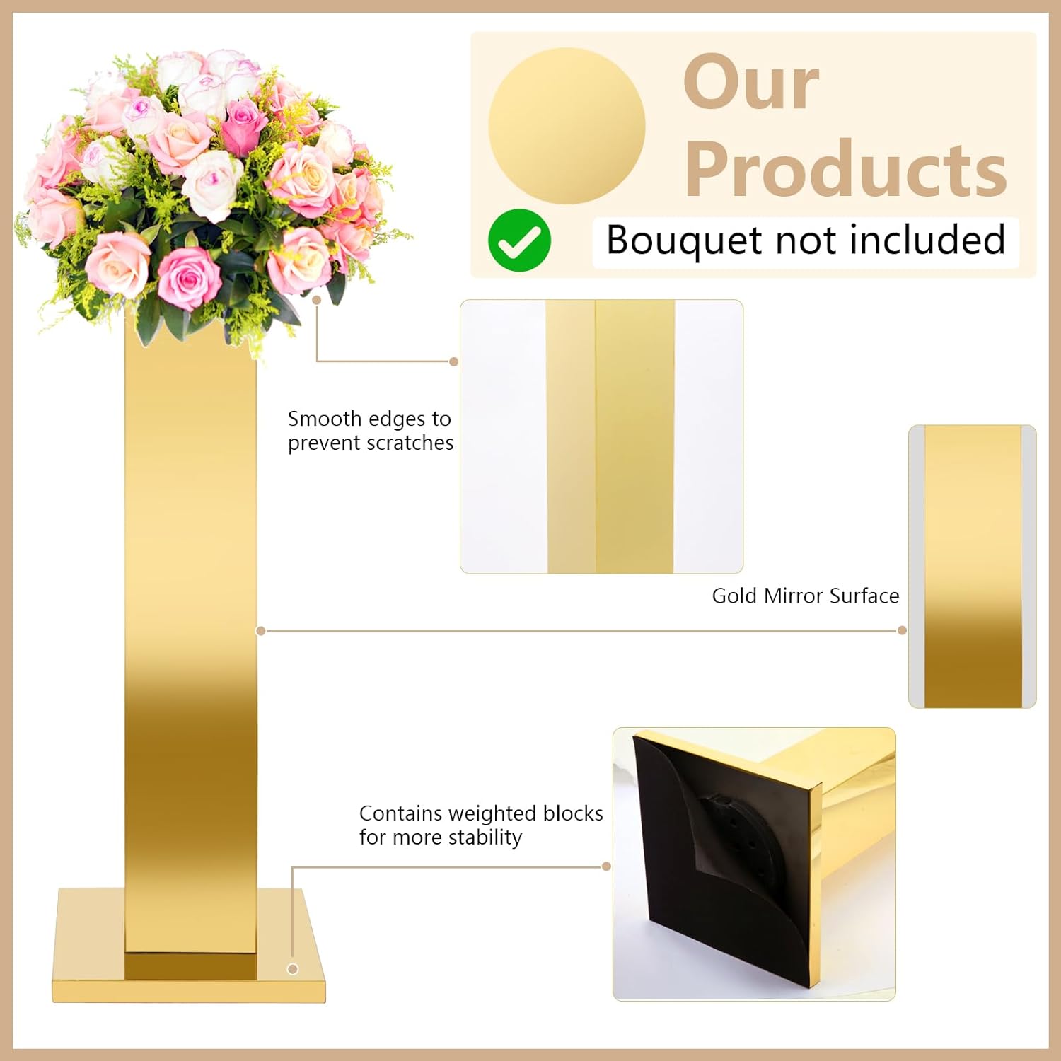 2PCS Tall Gold Vases for Centerpieces,31.5inch Stainless Steel Column Geometric Centerpieces Wedding Flower Stand Flower Floor Vase for Tables Wedding Anniversary Birthday Party Decor