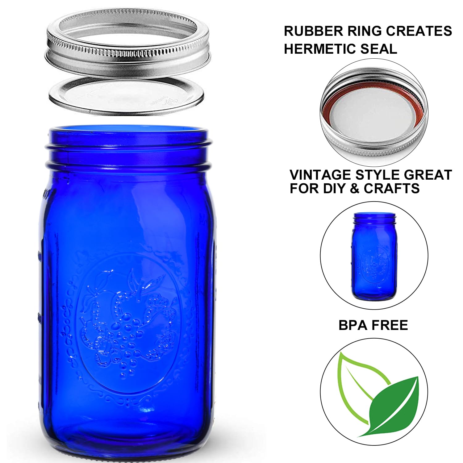 eleganttime Tarros azules de boca ancha, paquete de 6 tarros Mason de color azul cobalto de 32 onzas para conservas, encurtidos, almacenamiento, manualidades y decoración