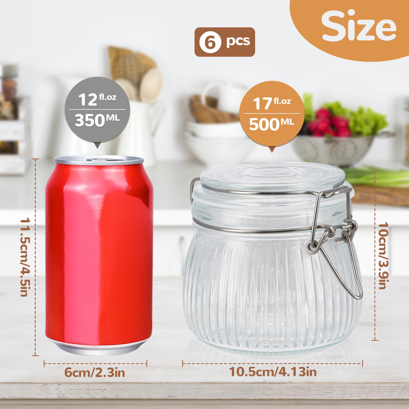 Zestaw 6 słoików na przetwory z hermetyczną pokrywką, 500 ml, słoiki na przetwory z klipsem i uszczelką, słoiki na przyprawy, pojemniki na dżem, kawę, cukier, makaron, kuchnię