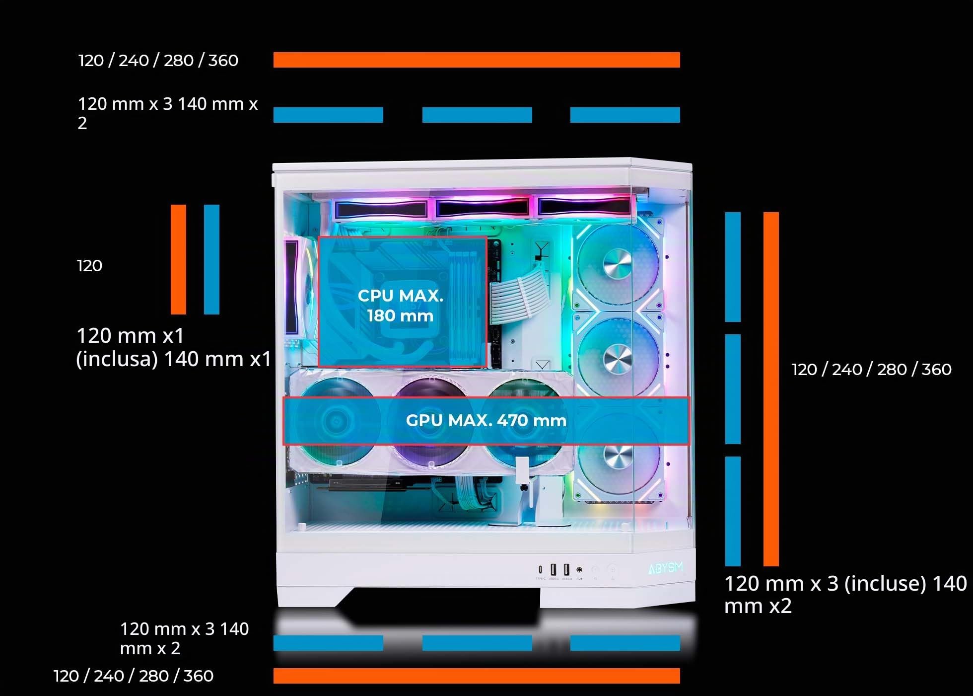 ABYSM Gaming Case PC Gamer Danube SAVA H600 White E-ATX con 3 pannelli in vetro temperato, 4 ventole ARGB da 120 mm, controller, supporto per GPU e cavo riser PCIe 4.0 16x