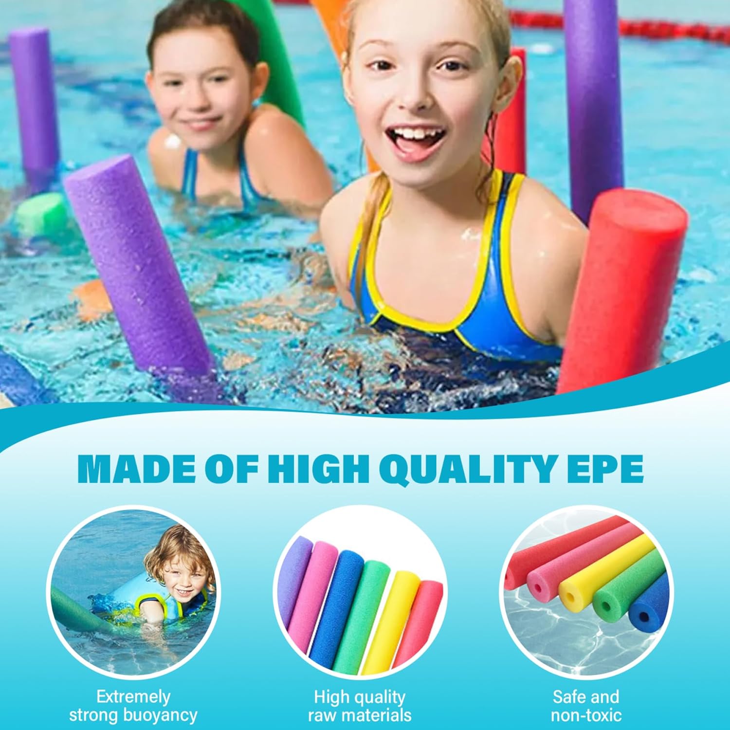Foam Noodle, 4Pcs Pool Noodles, 59 Inch EPE Soft Foam Noodle, 4 Colors Waterproof Swimming, Strong Buoyancy Swimming Float for Kids Adults, Pool Noodles