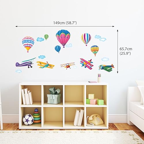 Miniatura 3 de DECOWALL DW-1301 6 globos de aire caliente y 5 biplanos en el cielo, calcomanías de pared para niños, calcomanías de pared extraíbles para niños,