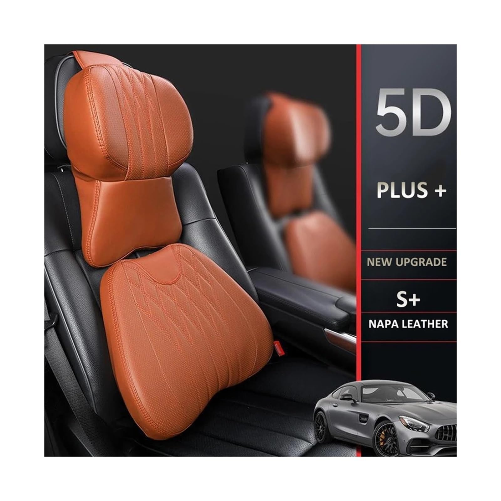 Cuscino per il collo dell'auto in memory foam 3D, cuscino poggiatesta in pelle ricamata, supporto lombare per donne e uomini, accessori per sedile (vita-marrone)