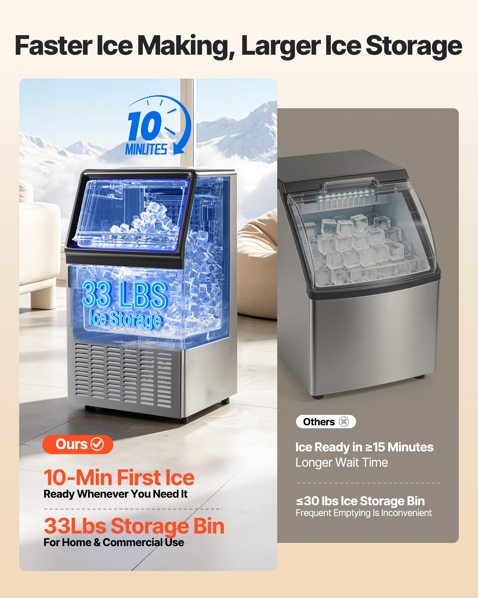 VEVOR Machine à Glaçons Commerciale 54,4 kg/24 h, Appareil de Préparation de Glaçons avec Capacité de Stockage de 15 kg, 45 Cubes par Cycle, avec Écran LED et Nettoyage Automatique, Restaurant Bar