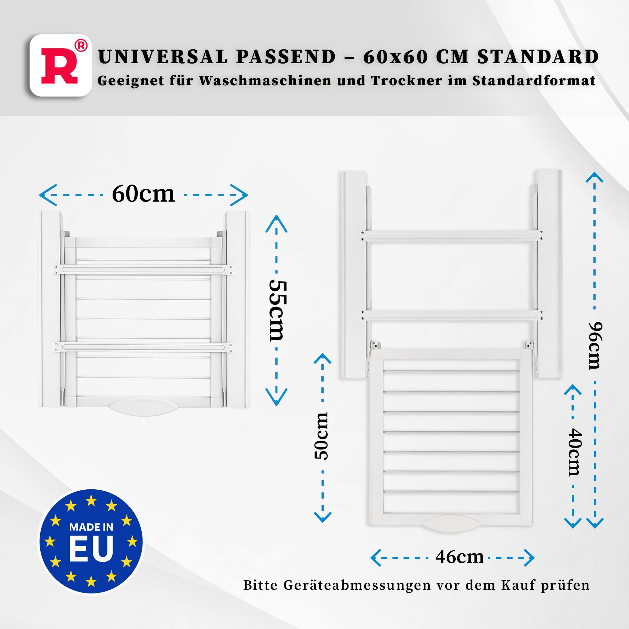 ROLLER Kappatos Zwischenbaurahmen mit Wäscheständer, 250 kg Aluminium | 100% Aluminium, Für 60 cm breite Geräte, Fußabstand 53-60 cm, Trockenfläche 2,8 m, 250 kg, Made in EU, Vormontiert