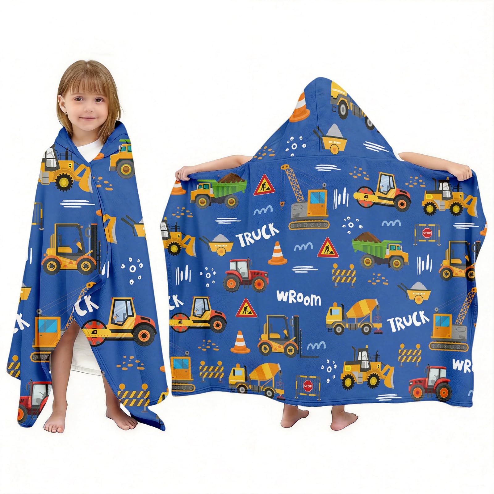 NEIUJADK Kids Construction Truck Hooded Bath Towel for Boys 3-10, 30"x50" Soft Absorbent Cotton Wearable Poncho Beach Towel with Hood & Snap Buttons