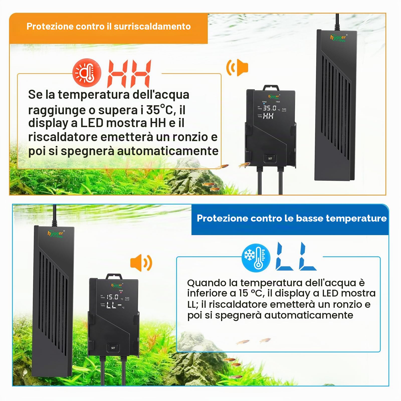 hygger Sommergibile Riscaldatore per Acquario,500W Regolabile Aquarium Heater Fish Tank Heater con Display Digitale Controller, Riscaldatore per Acquario Tartarughe di 250-343L Acqua Dolce