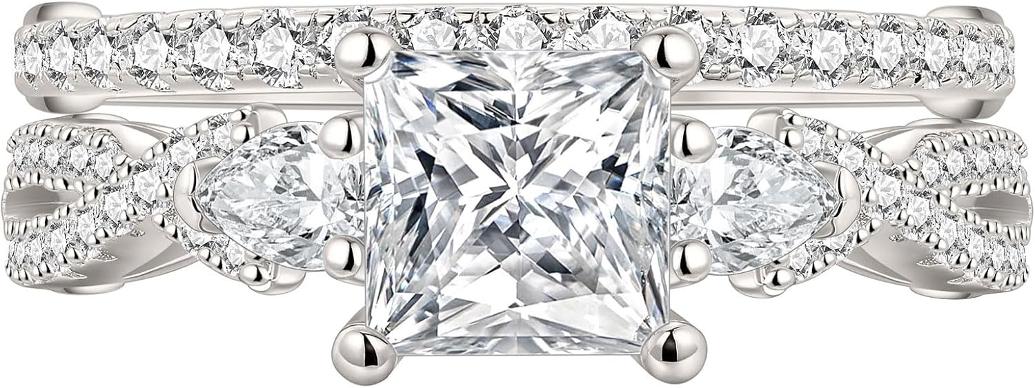 Newshe Jewellery Wedding Ring Set for Women Moissanite Engagement Rings 925 Sterling Silver Bridal Sets Princess Pear Promise Anniversary Band Size