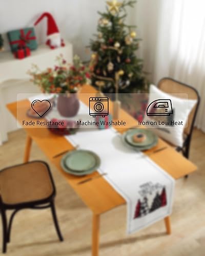 Miniatura 7 de Camino de mesa de Navidad de 70 pulgadas de largo con patrón de árboles de Navidad bordados a cuadros, decoración de Navidad blanca para interiores