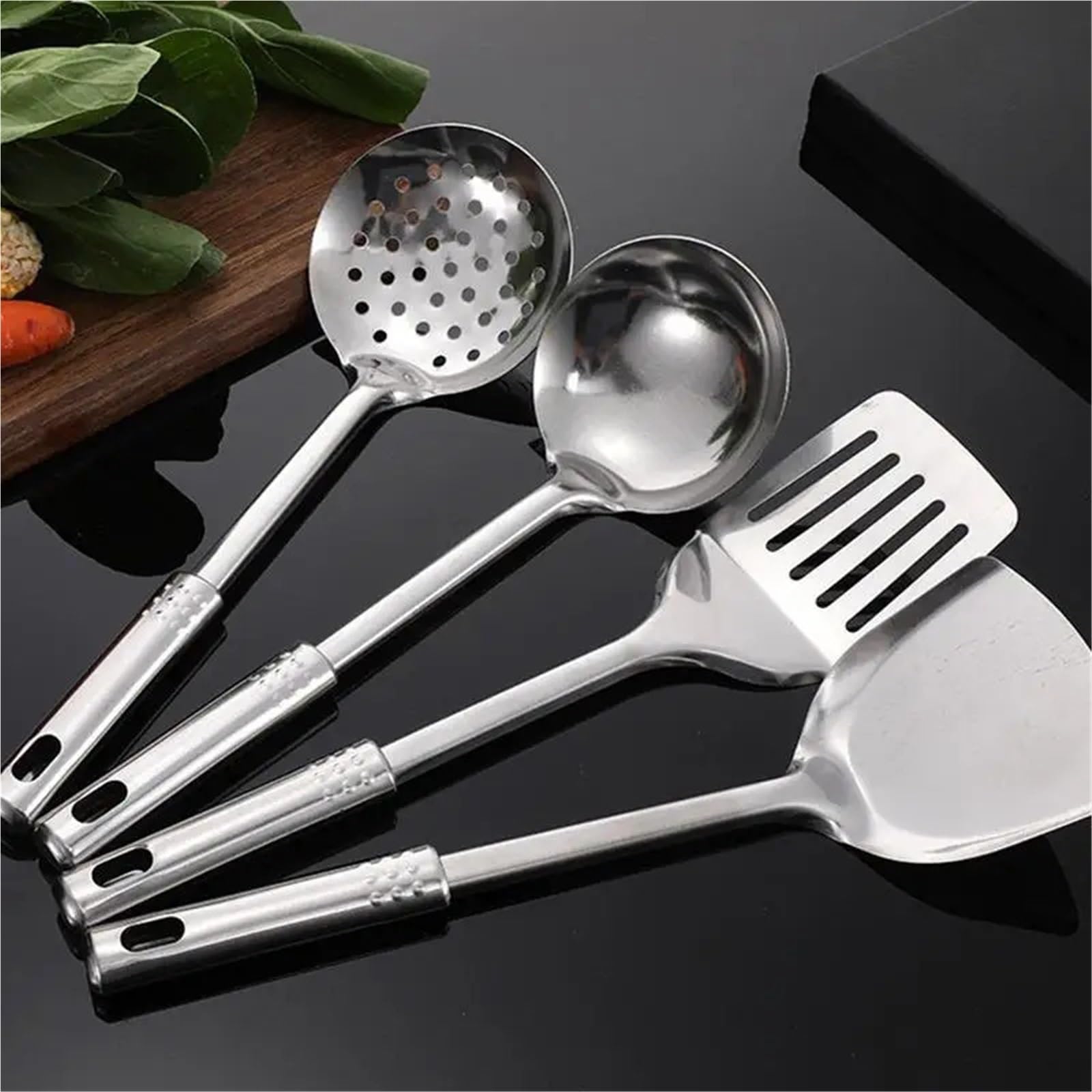 4 Stück Edelstahl-Wok-Spatel mit langem Griff Für Die Küche | Küchenhelfer, Kochutensilien-Set, Reislöffel, Schöpfkelle, Kochutensilien