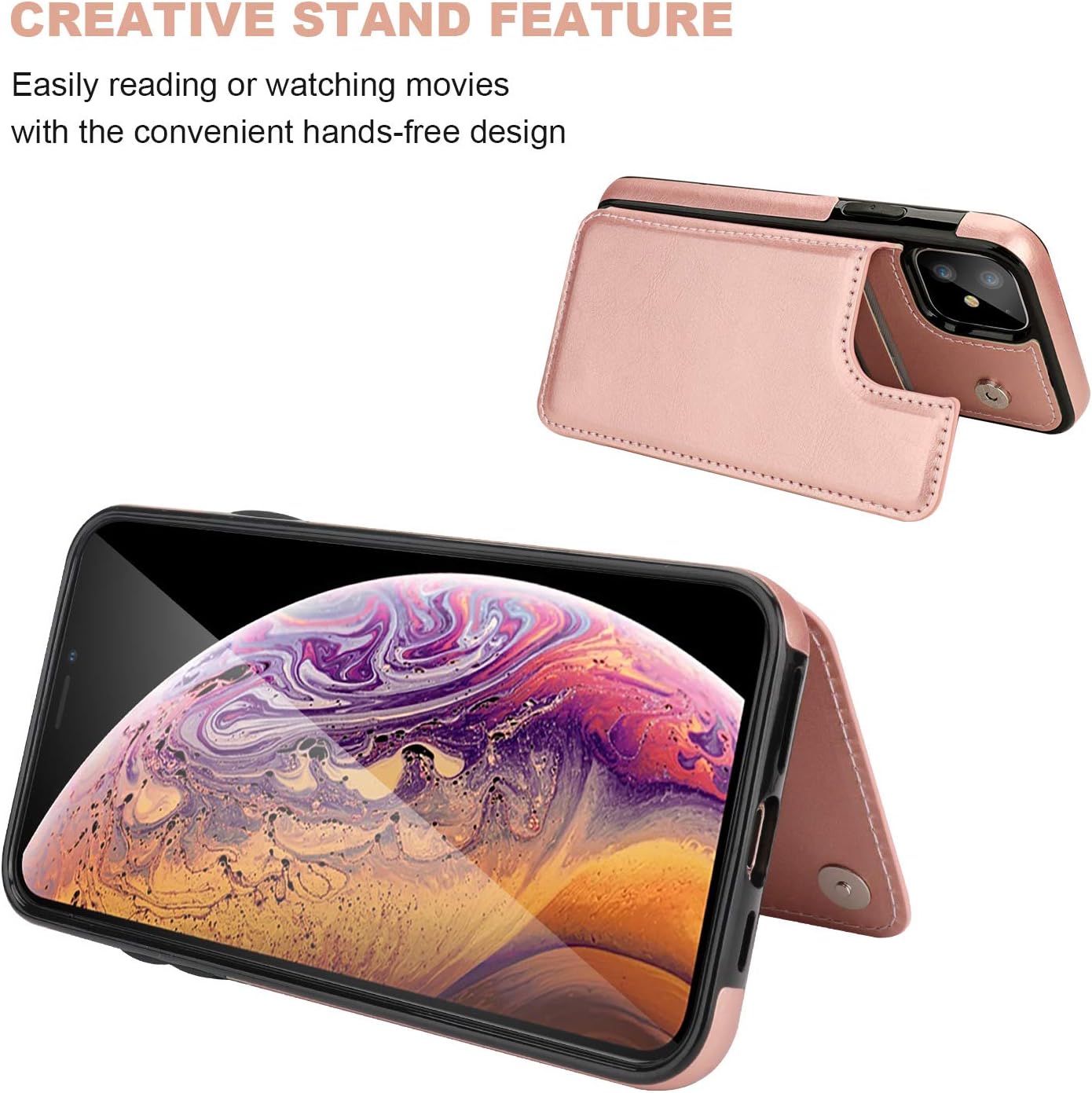 for iPhone 11 Wallet Case with Card Holder,OT ONETOP PU Leather Kickstand Card Slots Case,Double Magnetic Clasp and Durable Shockproof Cover for iPhone 11 6.1 Inch(Rose Gold) - Image 5