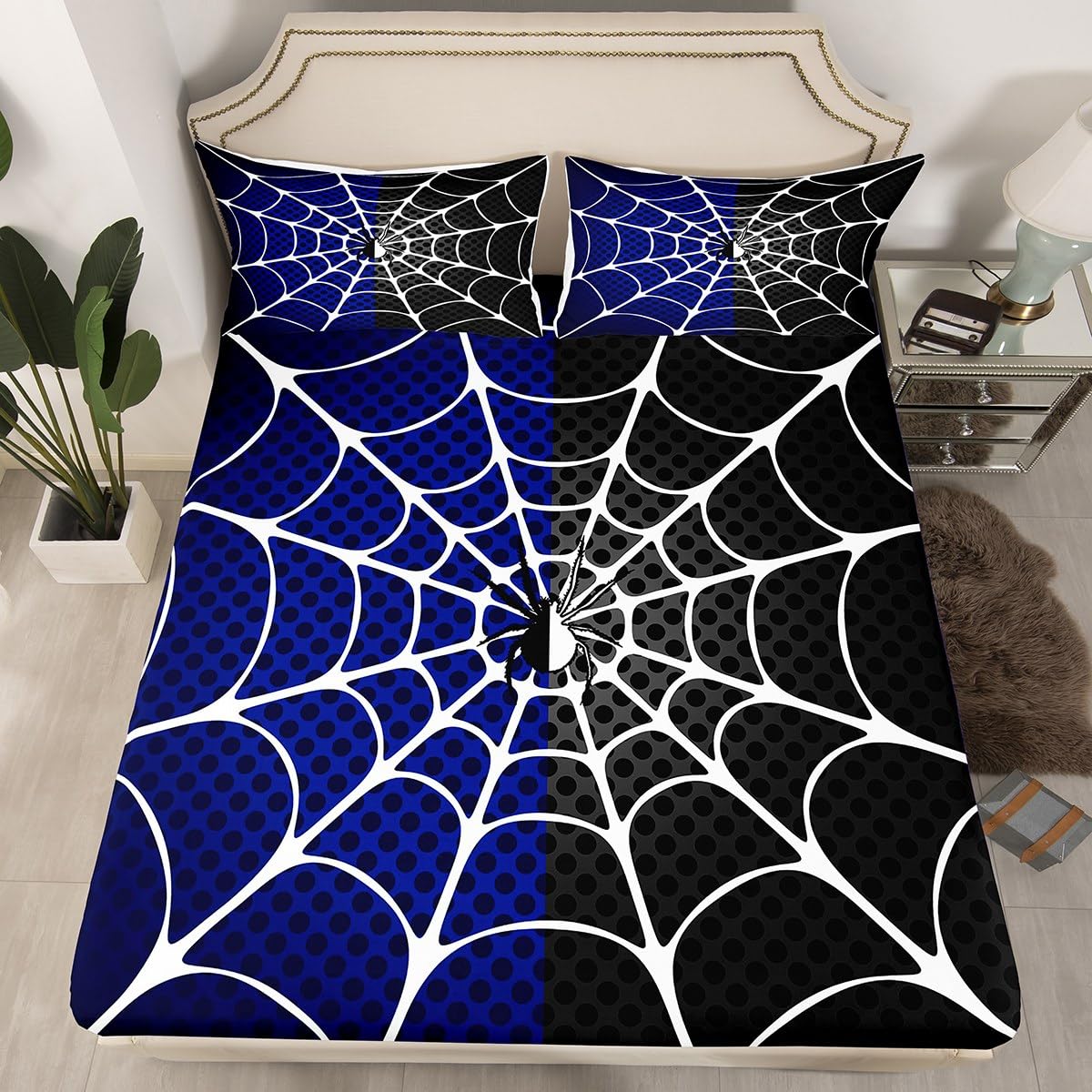 Manfei Spider Kids Fitted Sheet King Size, White Spider Web Black Dots Bedding Set for Boys Teens Adults Bedroom Decor, Blue and Grey Bed Cover with 2 Pillowcases, Soft Polyester Bedding