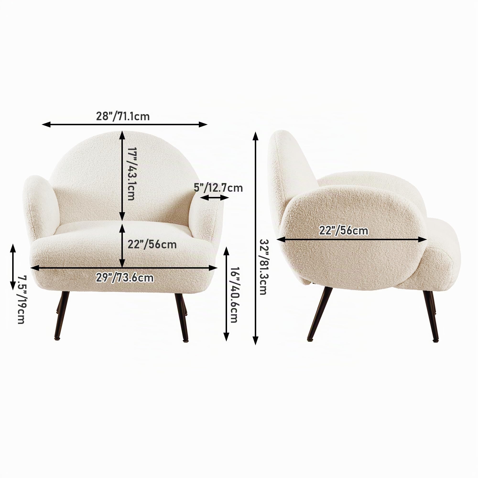 Sillón Moderno, sillón tapizado con Patas de Metal Negro para salón, Dormitorio, balcón, Estudio, Blanco