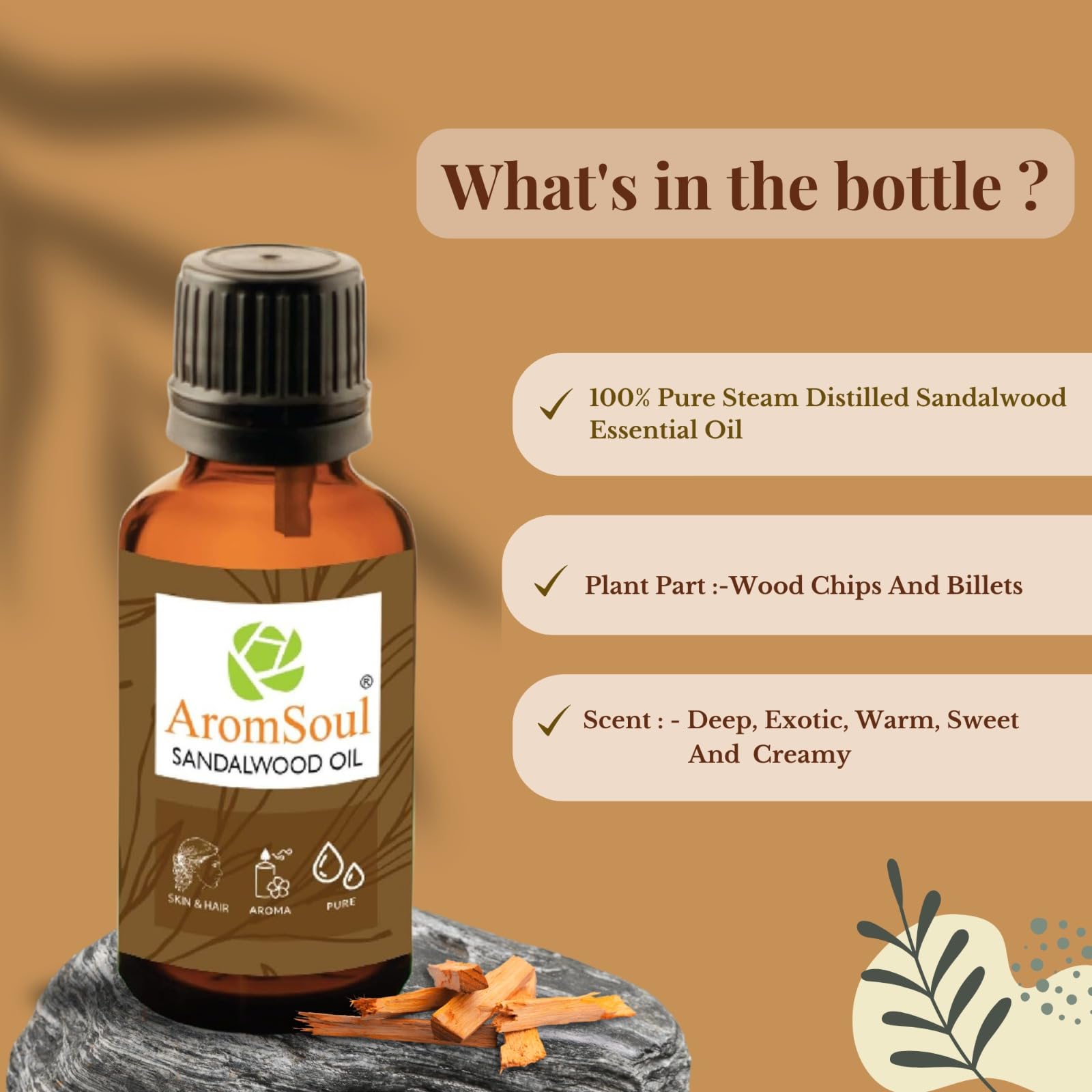 Aromsoul Sandalwood Essential Oil 30 Ml|Natural & Pure For Aromatherapy & Skin|Chandan Oil 3