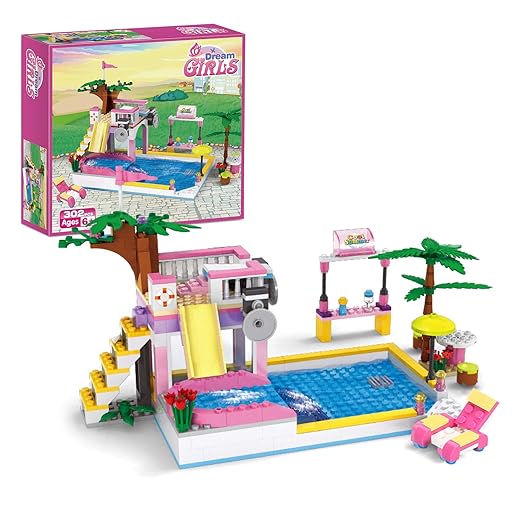 BRICK STORY Dream Girls Friends Summer Pool Party Building Toys Sets with Diving Platform Slides Juice Bar Sun Lounger Resort Swimming Pool Building Blocks Kits Gift for Kids Aged 6-12 (302 PCS)