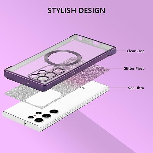 Miniatura 2 de ZTOFERA Funda magnética para Samsung Galaxy S22 Ultra 5G con purpurina degradada, [compatible con MagSafe], funda protectora de TPU chapada de lujo