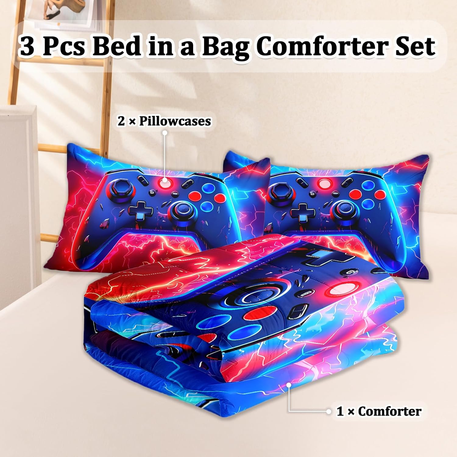 Gamer Full Bedding Sets for Boys Teen, 3 Pcs Full Size Gaming Comforter Set for Boys,Red Blue Lightnings Full Szie Bedding Set
