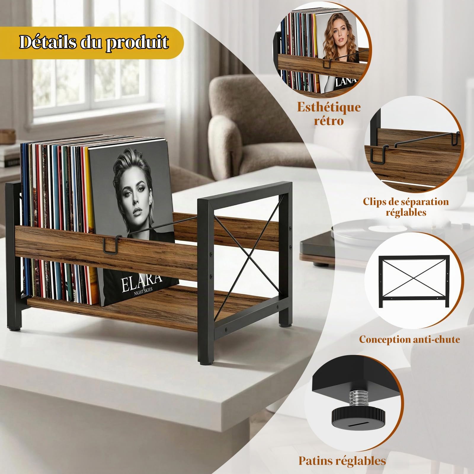 Support Vinyle pour 100 LP avec Séparateur, Bois Meuble Vinyles