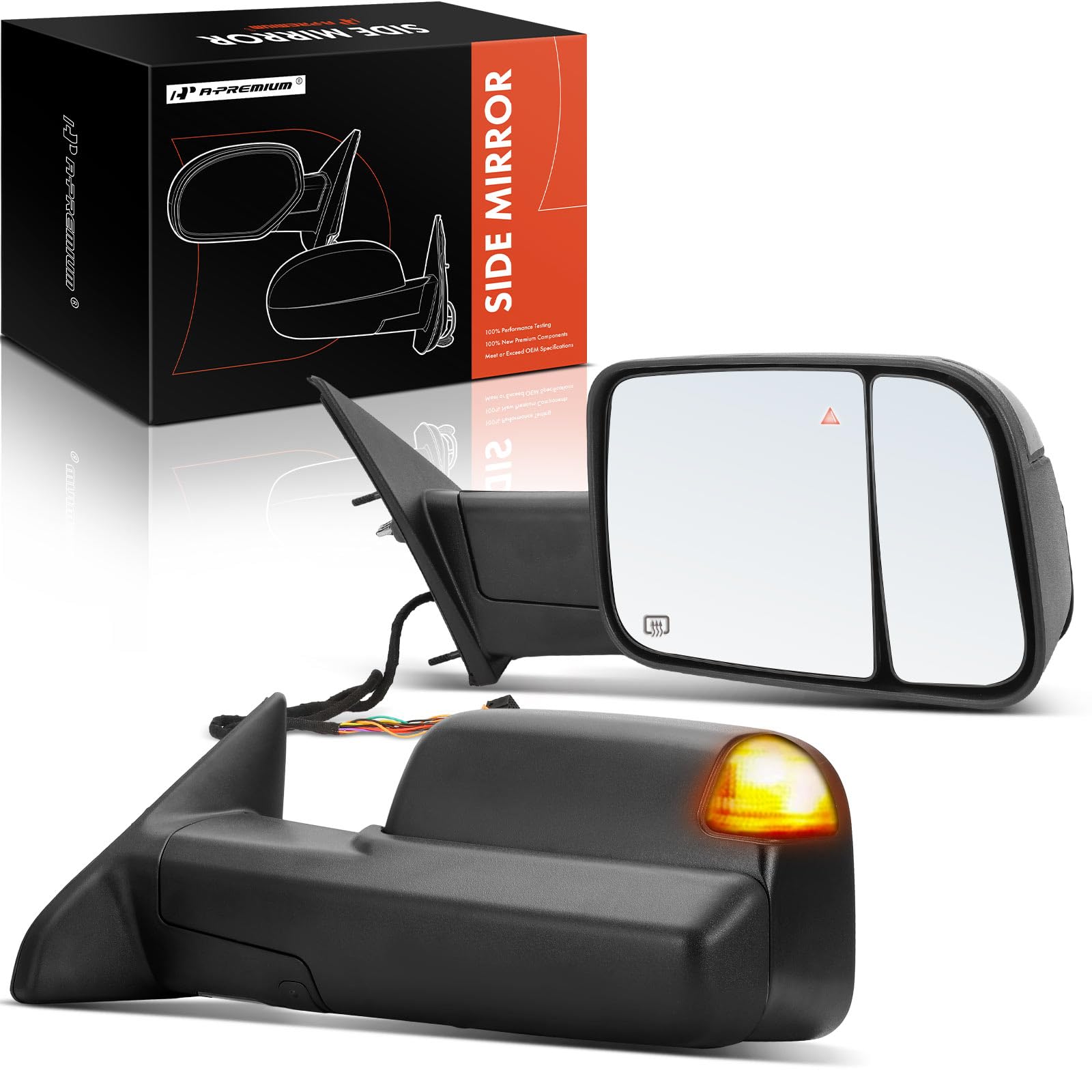 A-Premium Towing Mirrors - Compatible with Ram 1500 2019 2020 2021 2022 - Manual Folding Heated Black - with Power Glass Turn Signal Blind Spot