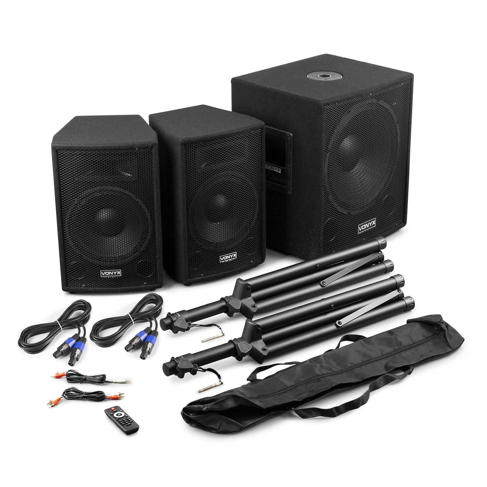 Vonyx VX1015BT Mobile PA Anlage Komplettset, Aktiv - Bluetooth, 1000 Watt DJ Boxen, PA Lautsprecher Beschallungsanlage, 2X Speaker, 1x Subwoofer, Kabel, Stativen, Tasche