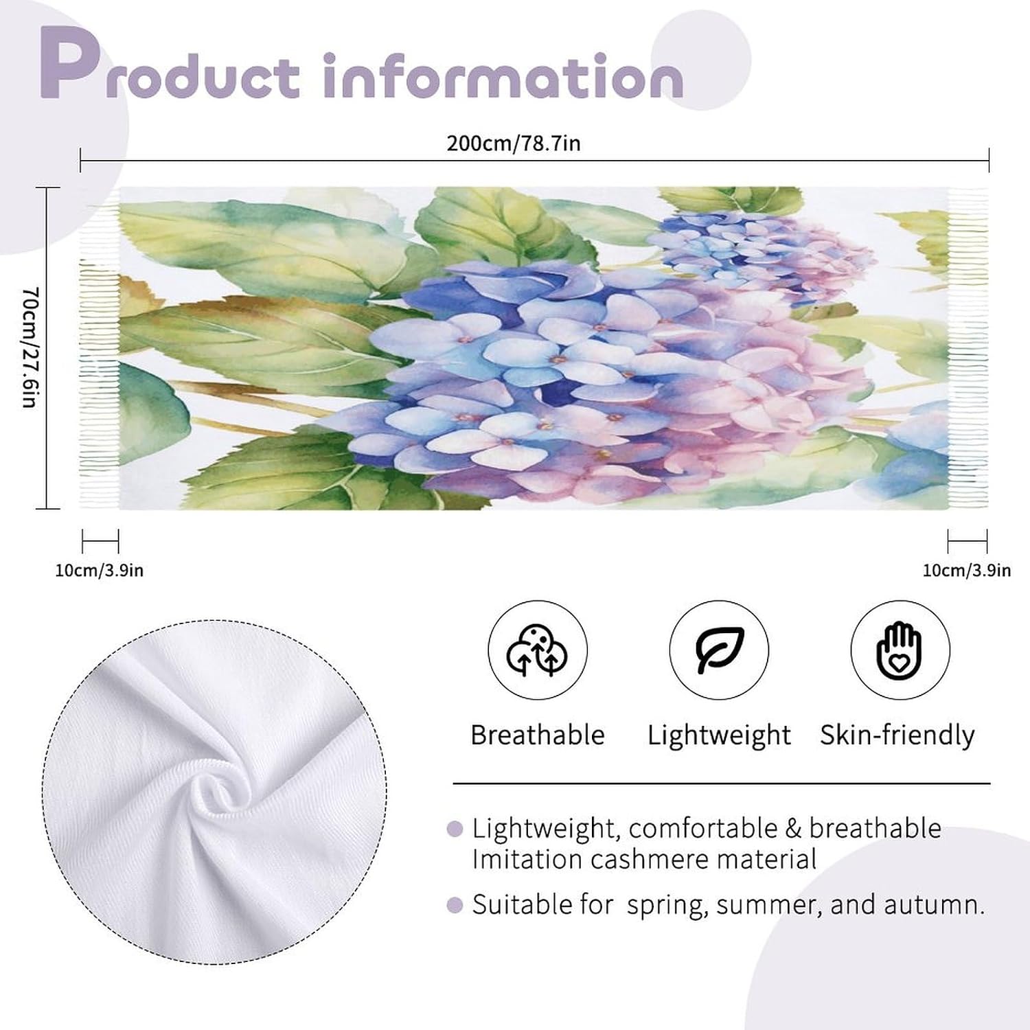 Hydrangea Watercolor Scarf for Women Men Classic Fashion Blanket Scarves Soft Cashmere Feel Scarf Cold Weather Warm Long Shawl Winter Large Scarves Classic Blanket Scarfs Thick