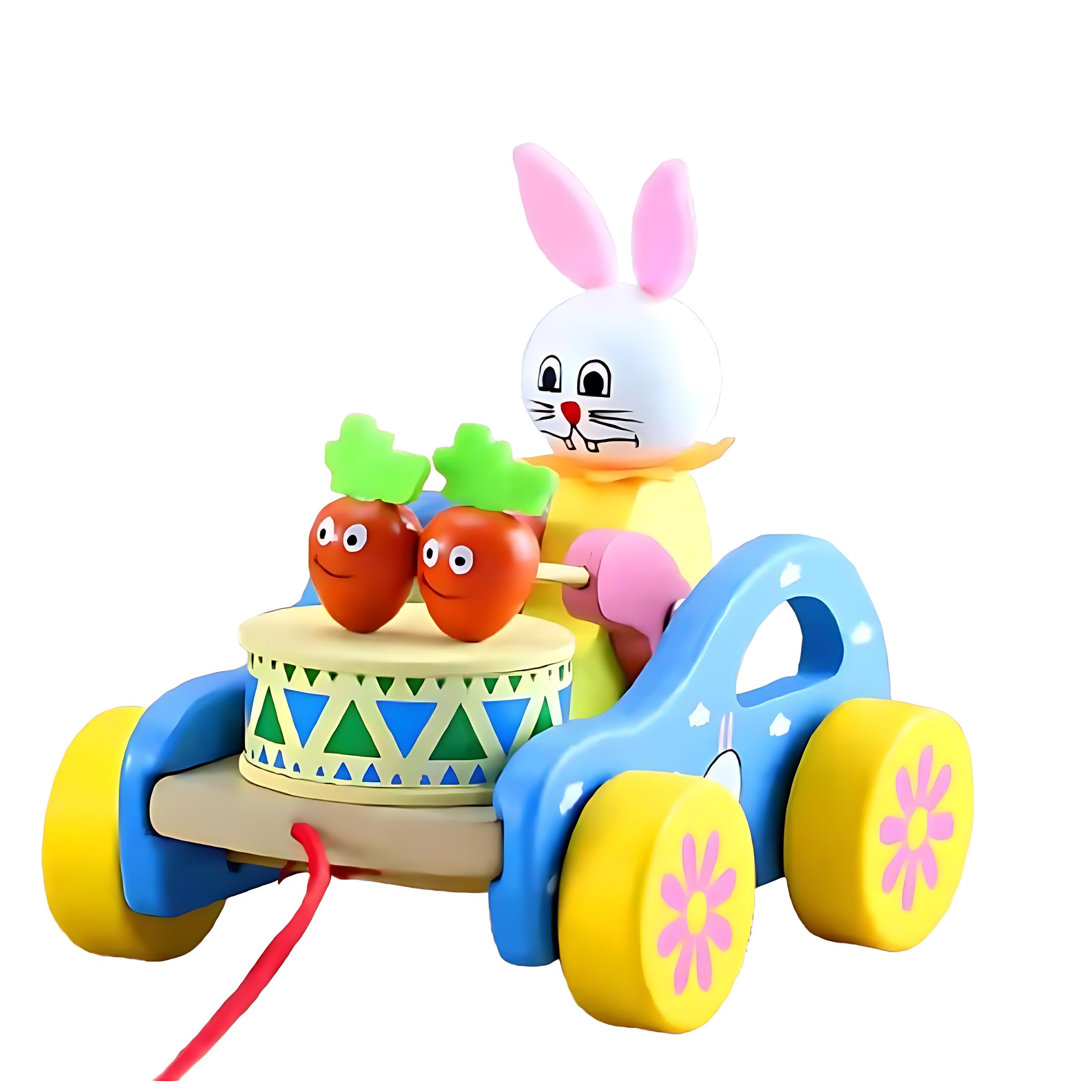 Wooden Musical Drum Bunny Pull Along Toy for Babies | Push & Pull Walker Toy for Toddlers | Educational Wooden Toys for Early Learning | Multicolor Baby Gift & Musical Vehicle Toy-image-0