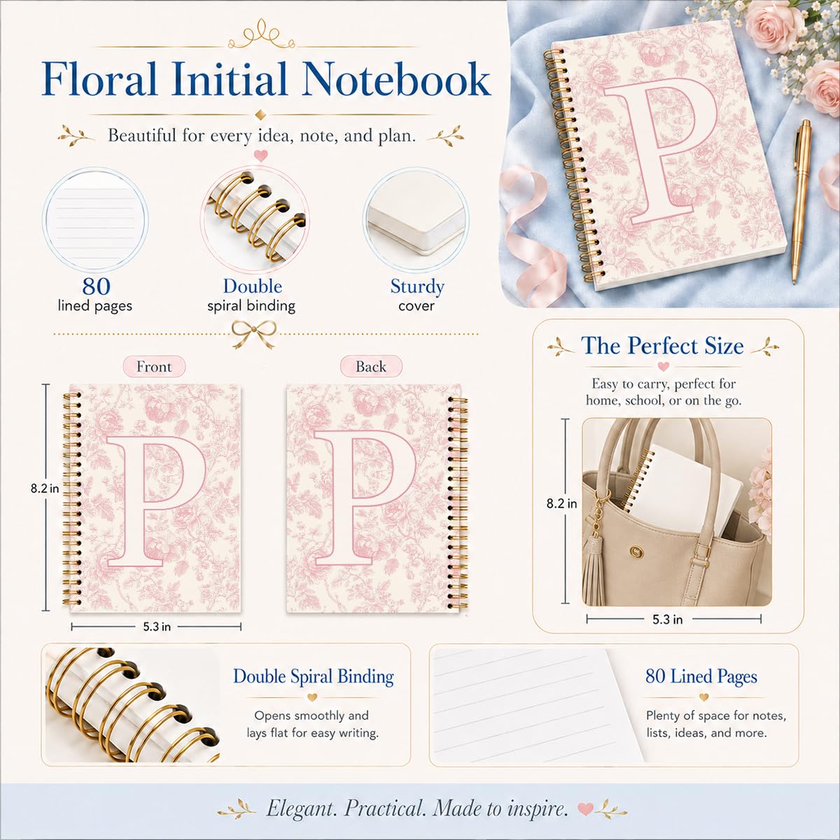 Taccuino con iniziale rosa ricamato P, diario per insegnanti, quaderno estetico, monogramma personalizzato regalo di cancelleria per donne, materiale scolastico preppy per ragazze, 14 x 20