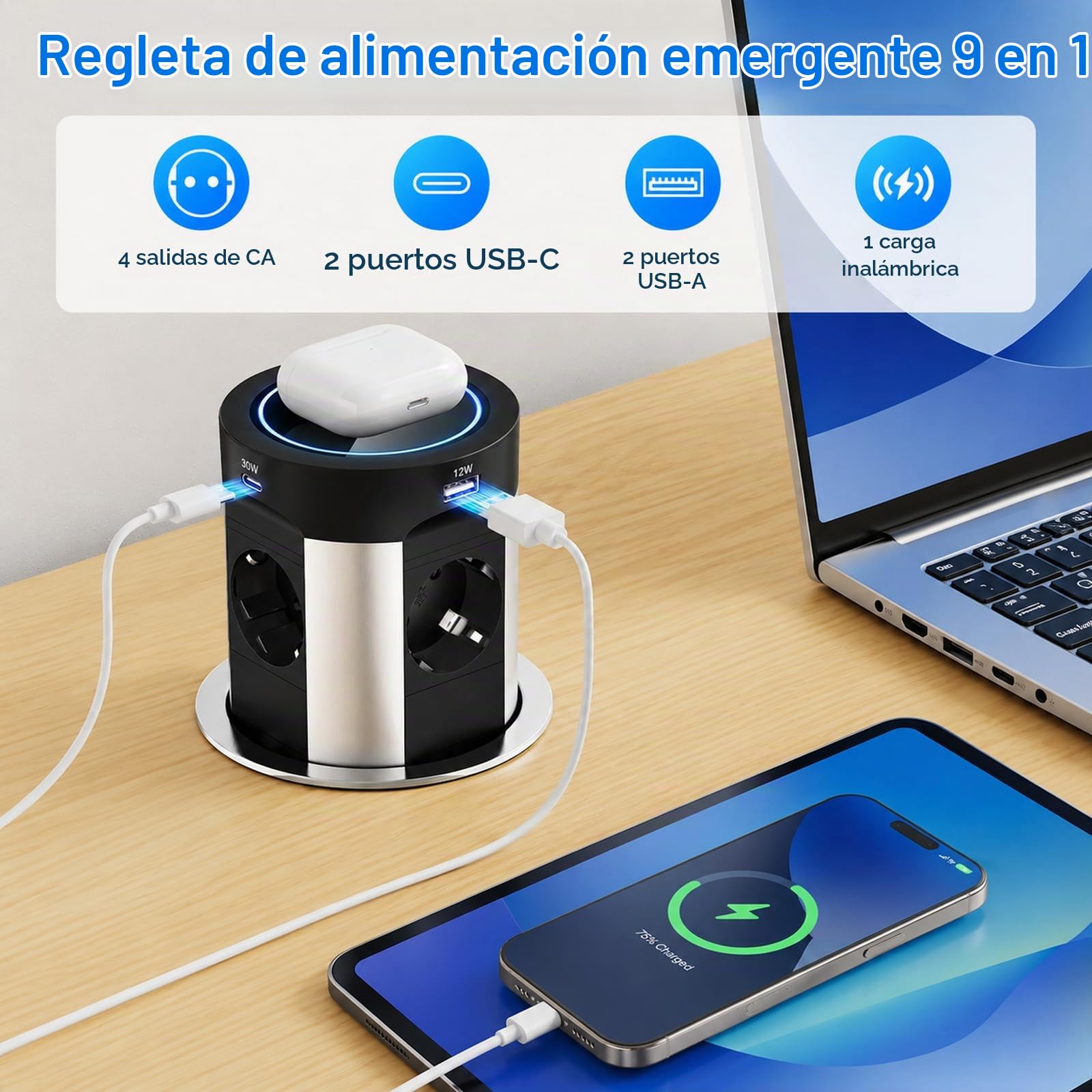 Enchufe empotrable con 2 USB-C 75W Total, 4 Tomas, Qi 15W, Ø100 mm | Regleta empotrable con 2 USB-A 45W+30W, apertura por presión, cable 1,8 m, cocina y encimera, negro