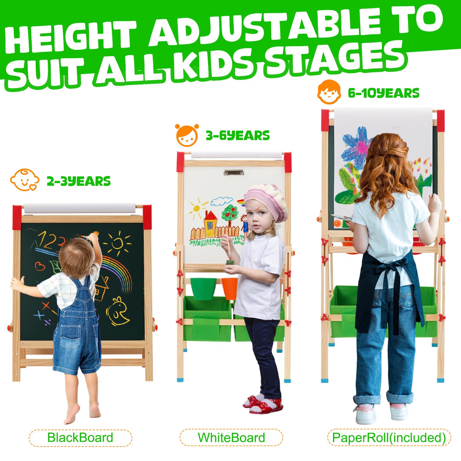 Kindertafel aus Holz mit Papierroll,Magnetische Kinder Kreidetafel & Whiteboard,Höhenverstellbar Staffelei kinder,mit Großer Aufbewahrungstasche Kreide, Pinseln, Zahlen-Buchstaben(Grün)