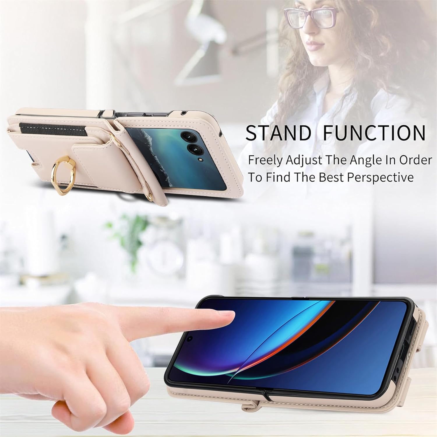 Asuwish Phone Case for Motorola Razr 2025/Moto Razr 60 Wallet Cover with Ring Crossbody Wrist Strap Lanyard Credit Card Holder Slot Cell Leather Purse Razr2025 5G 256GB Women Men Girls Beige