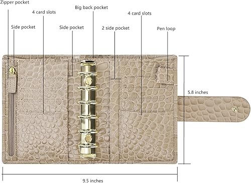 Miniatura 3 de Smartfee Organizador de bolsillo de cuero, carpeta de cuaderno de 6 anillos con Flyleaf, anillo dorado de 0.98 pulgadas, piel de napa (negro y rosa)