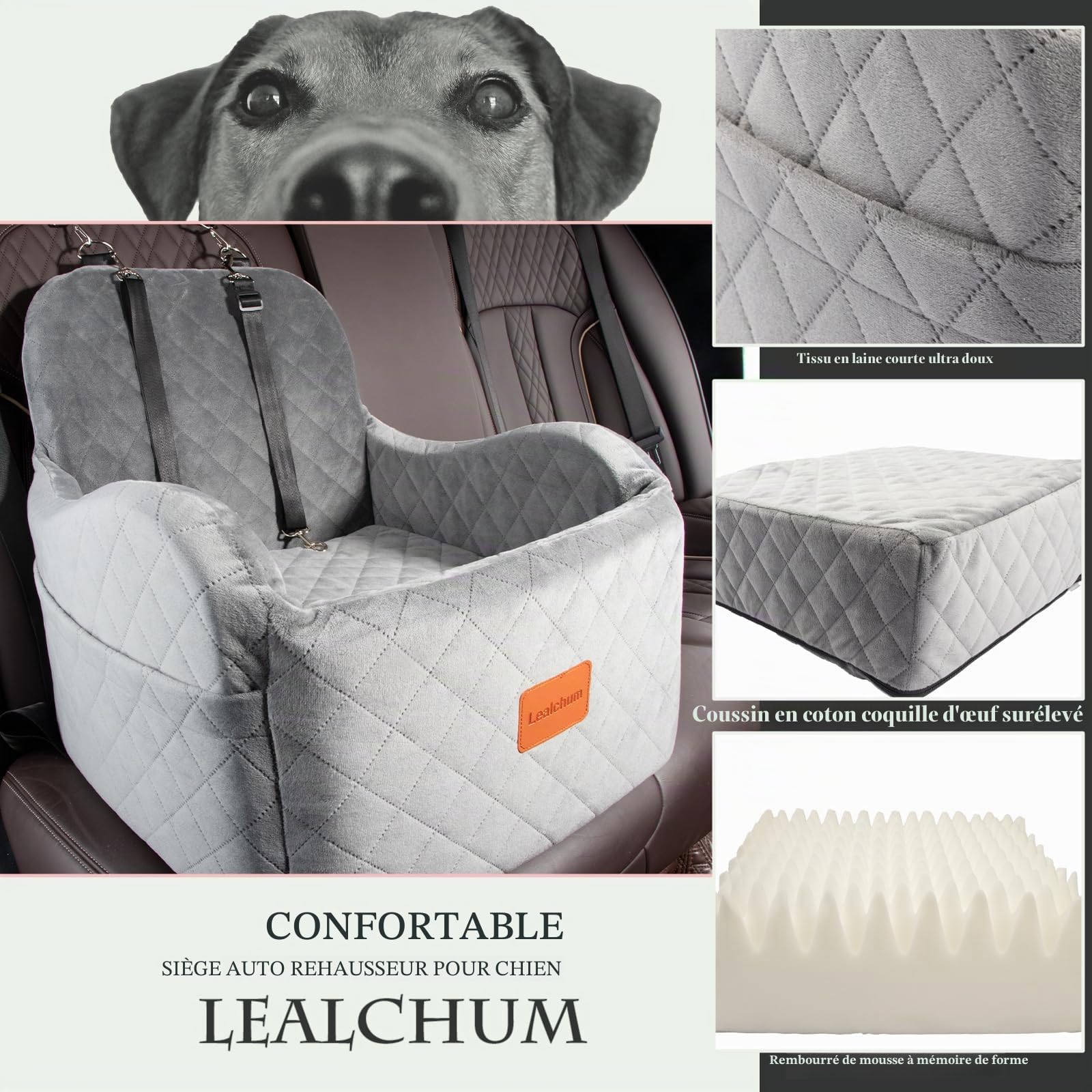 Lealchum Siège auto rehausseur pour chiens de petite/moyenne taille pesant jusqu'à 15,9 kg, recouvert de tissu ultra doux, coussin surélevé de 15,2 cm, entièrement amovible et lavable, 3 sangles et 2