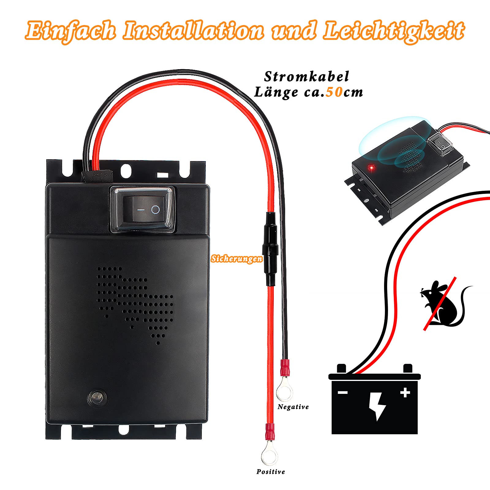 Marderschreck Auto 12V Motorraum, Marderschutz mit 24kHz Ultraschall, Elektronische Mäuseabwehr, Smart Start und Stop Marderabwehr für Garage Haus Lagerhaus Dachboden