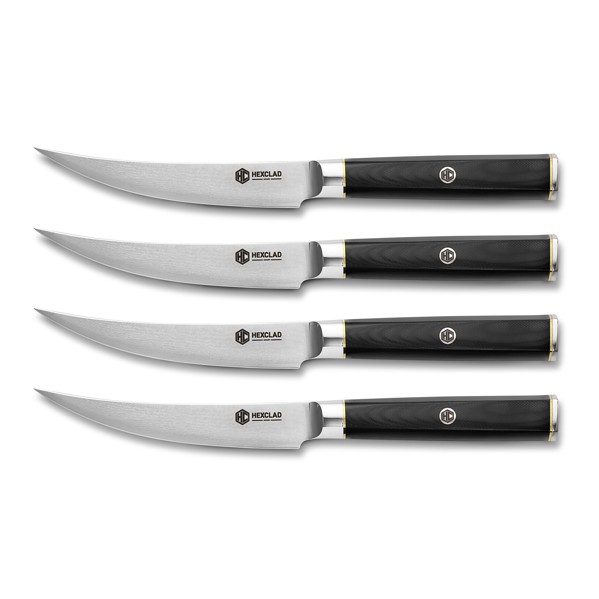 HexClad 4 Pc Master Series Damascus Steel Steak Knife Set, Full Hybrid Tang
