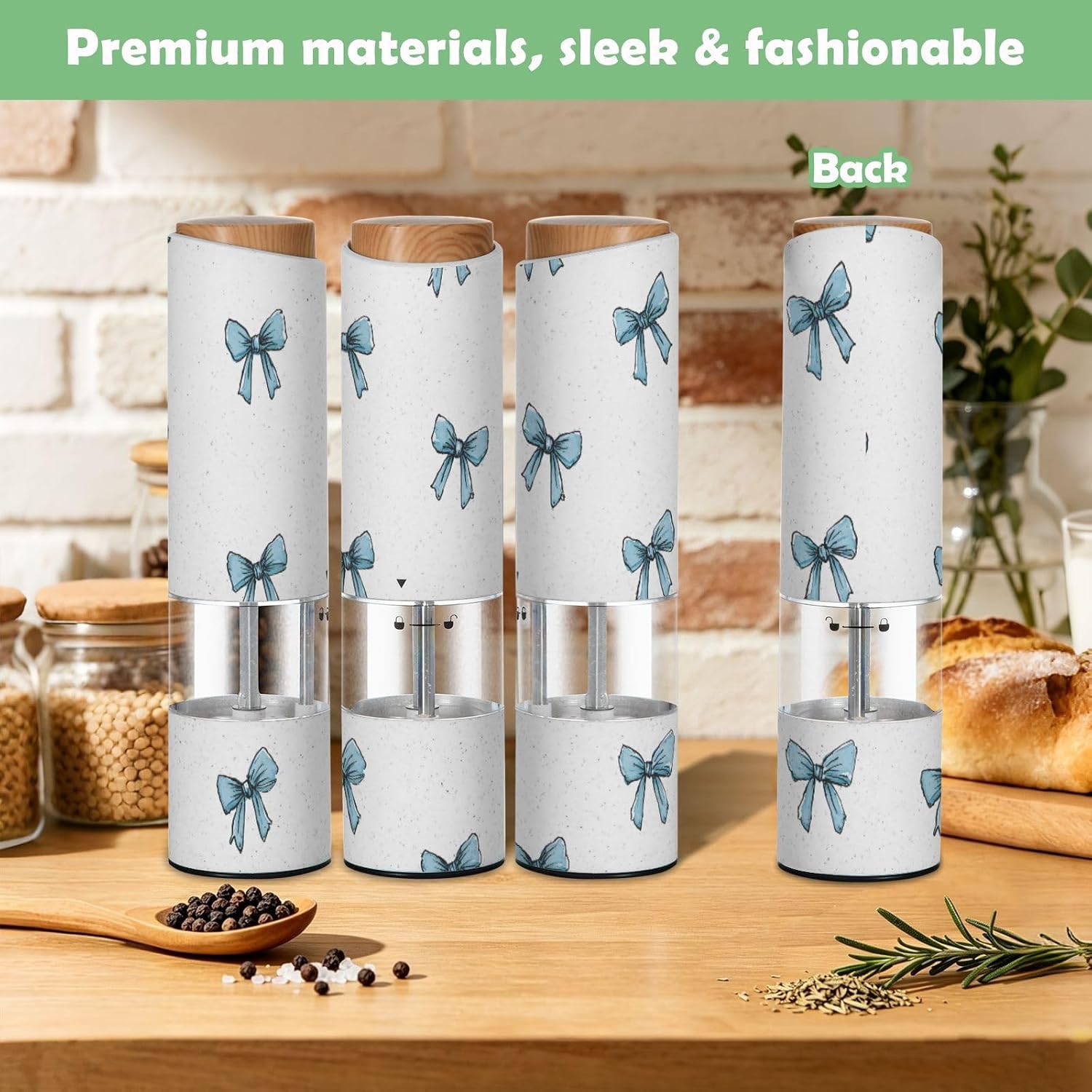 ALAZA Electric Pepper Grinder with Adjustable Coarseness, Cute Blue Ribbon Pattern White Battery Automatic Salt and Pepper Mill with Led, One-Handed Operation Spice Grinder for Kitchen, Camping & BBQ
