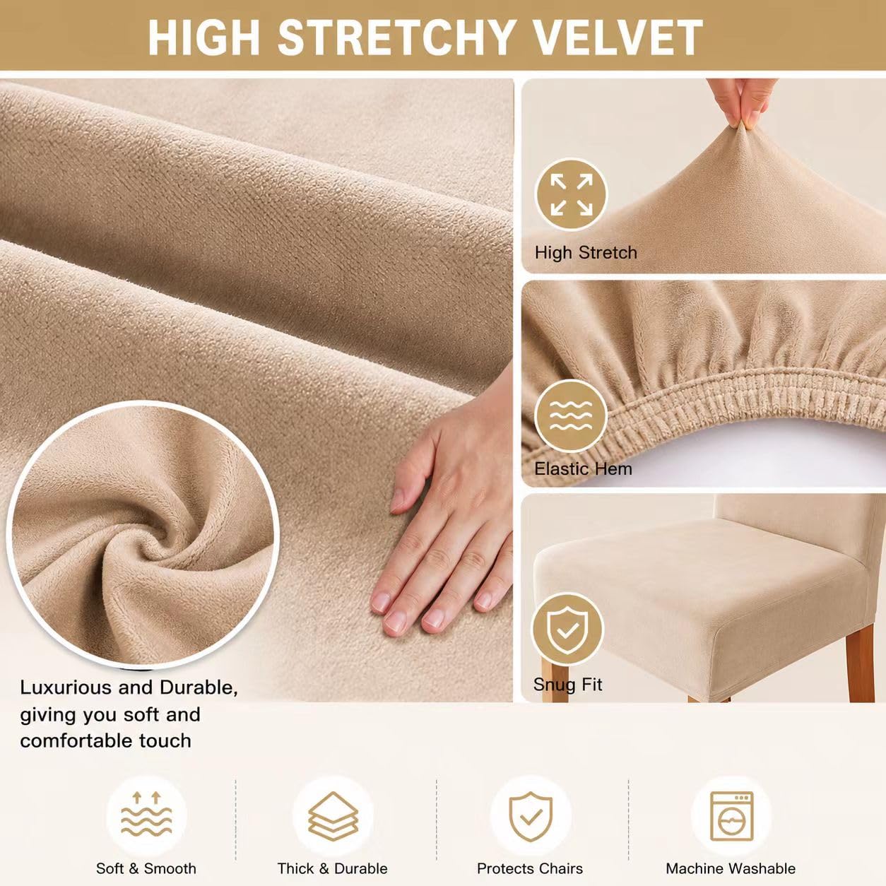 Coprisedia con Schienale in velluto 4/6 Pezzi, Fodere Sedie Elasticizzato Lavabile,Coprisedia con Schienale per Casa, Ristorante, Hotel, Cucina,decorazione per matrimoni (Beige, 6)