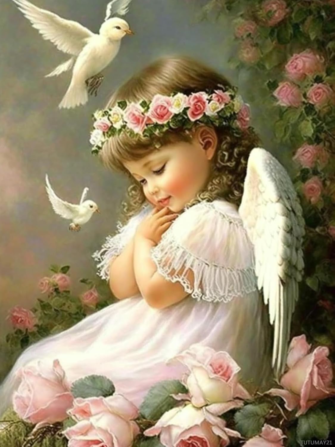 TUTUMAY21 5D Pink Rose White Angel Diamond Painting Kits, Garden Painting Full Circle Gemstone Crystal Cross Stitch Kit for Adults, Gifts for Home Decor and Living Room Decor 12x16inch