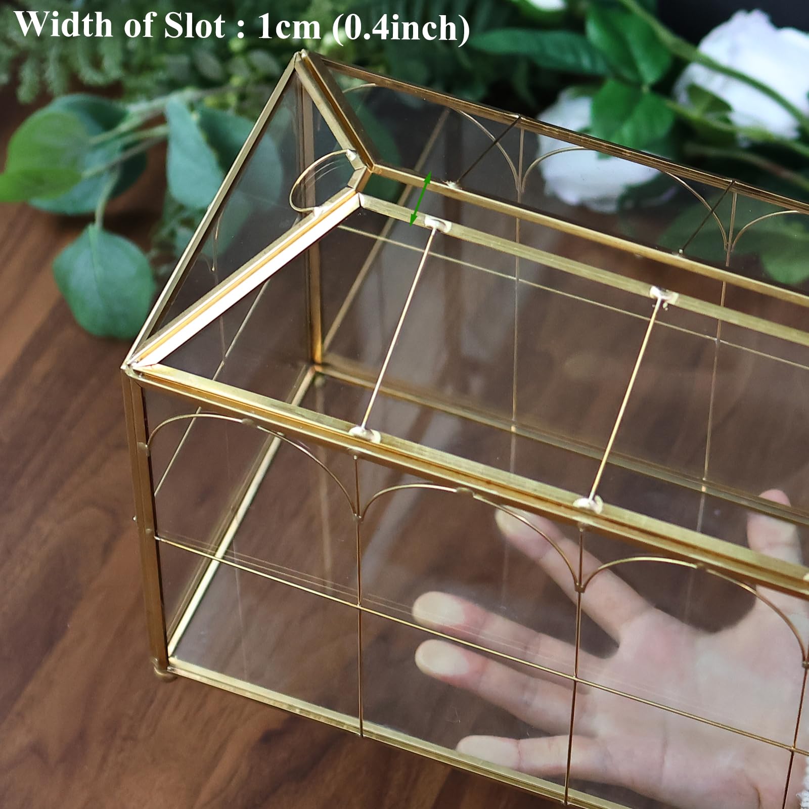 HighFree Hochzeitskarten-Glasbox mit Schlitz & Schloss, extra großes handgefertigtes geometrisches Terrarium, goldklare Display-Glaskarten-Box mit dekorativen Linien, für Hochzeitsempfang, Wunschgut,