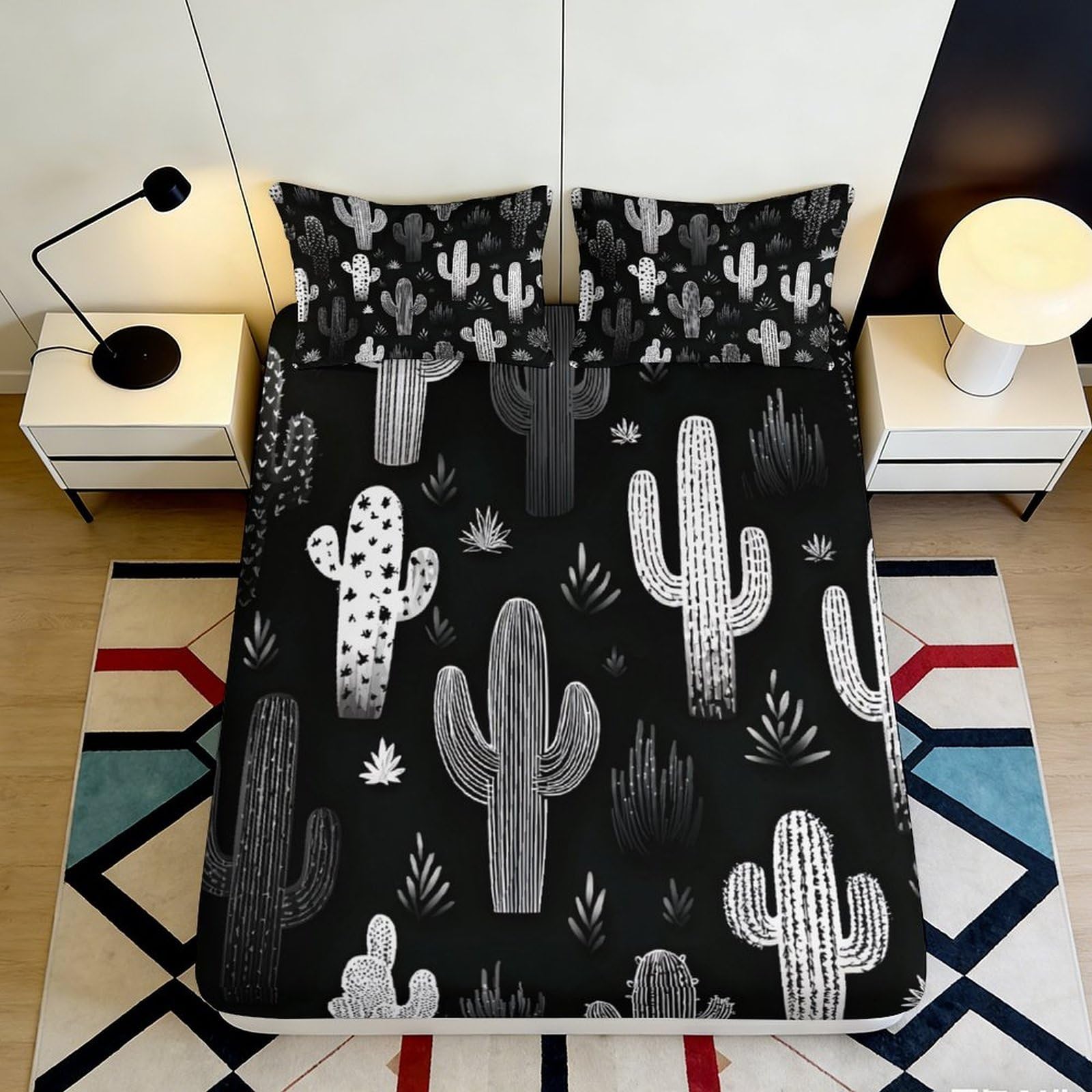3D Printed Black Cactus Pattern Fitted Sheet Microfiber Soft Durable Desert Plants Bed Cover for Bedroom Dormitory Guest Room Mattress Protection 90x200x25cm