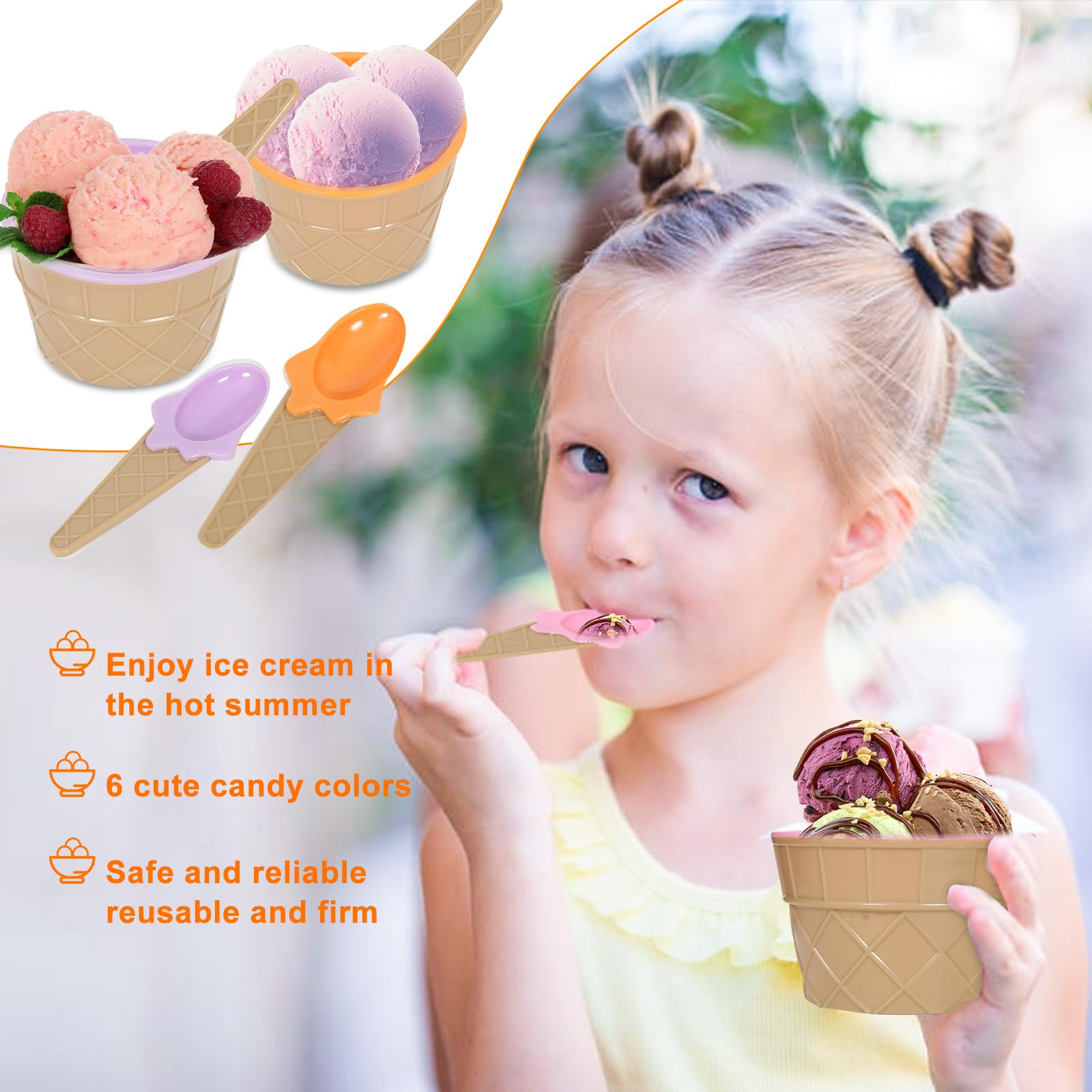 Hbaushun Paquete de 26 cuencos de plástico para helado con cucharas, tazas de helado de plástico reutilizables, juego de cuencos de helado de caramelo de dibujos animados para Sundae, yogur congelado,
