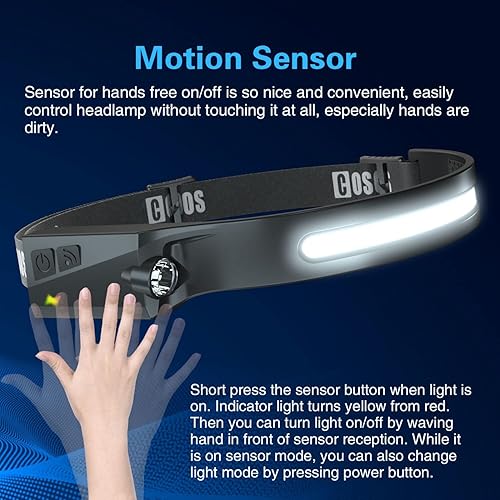 Miniatura 6 de COSOOS Linterna frontal LED recargable 3 piezas con estuches, luz blanca y roja, sensor de movimiento, clips de casco duro, lámpara de cabeza de haz