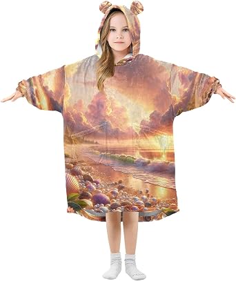 Sea Beach Seashells Wearable Blanket Hoodie for Kids, Warm Cozy Sherpa Blanket Sweatshirt With Pocket