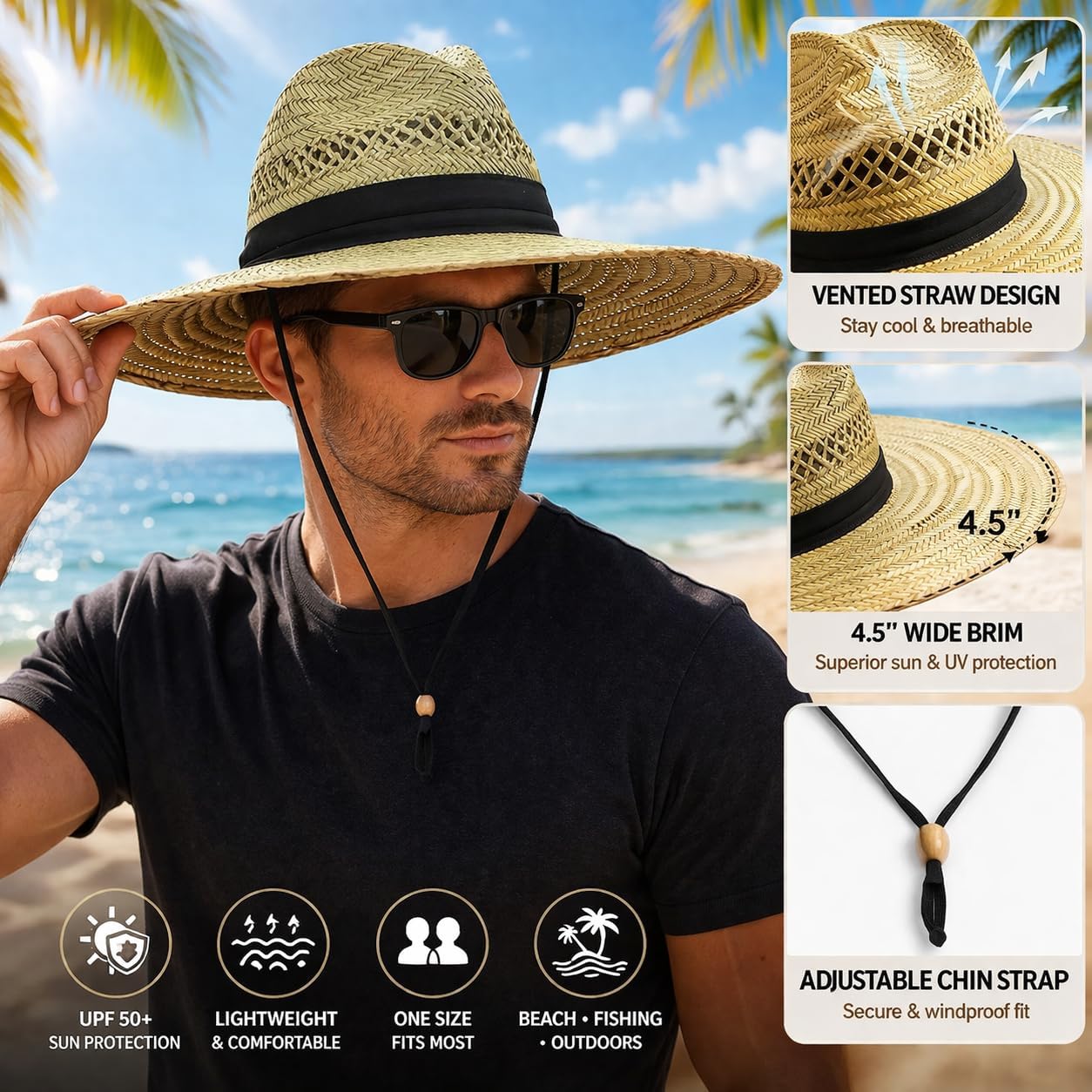Vented Straw Lifeguard Sun Hat w/ 4.5-inch-Wide Brim & Chin Strap â€“ One Size